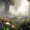 Beautiful Imaginary woodland filled with flowers, mushrooms, and fog. Generative AI