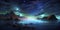 Beautiful and imaginative digital art piece depicting a fantasy night seascape with glowing marine life and a starry sky.