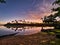 Beautiful Imbassai beach with palm trees at sunset time, state of Bahia, Brazil