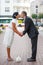 Beautiful indian bride and caucasian groom, after wedding ceremony.