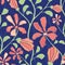 Beautiful indian floral design with coral flowers and green foliage. Seamless vector pattern on midnight blue background. Great