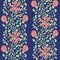 Beautiful indian floral half drop design with coral flowers and green foliage. Seamless vector pattern on striped blue