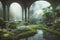 Beautiful indoor garden filled with plants and waterways. 3d render photorealistic