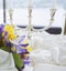 Beautiful Indoor Table Setting With Flowers And Silver Candle Holder. Soft Background For A Dinner, Wedding Reception Or Other