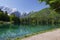 Beautiful Inferiore Fusine lake with Mangart mountain in background, Julian Alps, Italy, Europe.