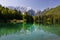 Beautiful Inferiore Fusine lake with Mangart mountain in background, Julian Alps, Italy, Europe.