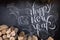 Beautiful inscription on a chalkboard, happy new year, decor and firewood for a fireplace