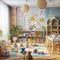 A beautiful Interior design of a colorful kindergarten, educational playroom, kid learning space.