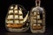 beautiful and intricate model of sailing ship, with detailed sails and rigging, inside clear glass bottle