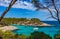 Beautiful island scenery, seaside bay with boats on Majorca Spain