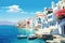 Beautiful island town in Greece. AI generated waterwashed illustration, painting style, whitewashed Cyclades Islands