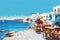 Beautiful island town in Greece. AI generated waterwashed illustration, painting style, whitewashed Cyclades Islands