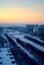 Beautiful january sunset overlooking the Transfiguration Cathedral and Leninsky avenue in the city of Togliatti