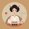 Beautiful Japan Travel banner with Geisha Sushi Origami and Noodles