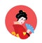 A beautiful Japanese geisha holding a blue fan on a red circle. Japan. Flat vector illustration.