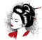 Beautiful Japanese Geisha Holds Red Fan Vector Illustration.