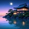 a beautiful japanese house at sea water in the late anime cartoonish cozy lofi asian moon shining in the dark