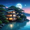 a beautiful japanese house at sea water in the late anime cartoonish cozy lofi asian moon shining in the dark