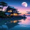 a beautiful japanese house at sea water in the late anime cartoonish cozy lofi asian moon shining in the dark