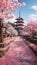 A beautiful Japanese styled building and garden, framed by blooming cherry blossoms, generated by AI.generated by