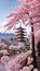 A beautiful Japanese styled building and garden, framed by blooming cherry blossoms, generated by AI.generated by