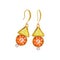 Beautiful jewelry set. Yellow triangle crystal and round orange gemstone with gold element. Watercolor drawing Golden