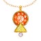 Beautiful jewelry set. Yellow triangle crystal and round orange gemstone with gold element. Watercolor drawing Pendant