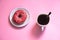 Beautiful juicy donuts with coffee plates on a decorative tray. Cupcake on a white background for kitchen design