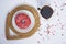 Beautiful juicy donuts with coffee plates on a decorative tray. Cupcake on a white background for kitchen design