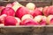 Beautiful, juicy and ripe apples in wooden crate