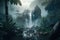 Beautiful jungle waterfall in fog. AI generative