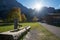 Beautiful karwendel mountains and landscape in autumn, wooden drinking trough and Eng alp huts, in autumn