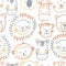 Beautiful kids vector seamless pattern with cute hand drawn safari animal faces. Children stock lion tiger bear zebra