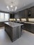 Beautiful kitchen in luxury home with island, pendant lights, cabinets, and self-leveling floors. marble backsplash, elegant