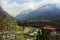 Beautiful Lachung village of North Sikkim, India with snow capped mountains in background