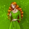 Beautiful lady with long red hair wearing green dress, smells golden flower
