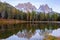 Beautiful Lago Di Antorno lake at background Cadini mountain on the Dolomites