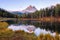 Beautiful Lago Di Antorno lake at background Drei Zinnen Tre Cime di Lavaredo mountain on the Dolomites