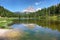 Beautiful Lago Di Antorno lake at background Drei Zinnen Tre Cime di Lavaredo mountain, Dolomites alps, Italy