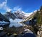 Beautiful lake Agnes view on a sunny day in September with snow on the mountains and the big beehive trail