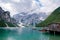 Beautiful lake in the italian alps, Lago di Braies in the Italian Dolomites Europe