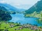 Beautiful lake Lungern and village from Brunig Pass, Switzerland