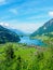 Beautiful lake Lungern and village from Brunig Pass, Switzerland