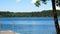 Beautiful lake in Minnesota with blue sky and water and a boat dock and tree in foreground.