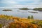 Beautiful Lake Rock Islands Landscape Red Rusty Grass and Green Moss Autumn Scenery Heavy Blue Sky