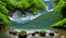 Beautiful Lake with rocks, mountains, green forest, paradisiacal image, Generated by AI