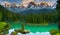 Beautiful lake with rocks and mountains , green forest, paradisiacal image, Generated by AI