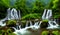 Beautiful Lake with rocks and waterfall, green forest, paradisiacal image, Generated by AI