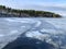 Beautiful lake Seliger in warm winter, open water. Russia, Tver region, Ostashkov city