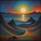 Beautiful lakebin the morning with sunrise, colorized wood cut, swirling vortex, mountains